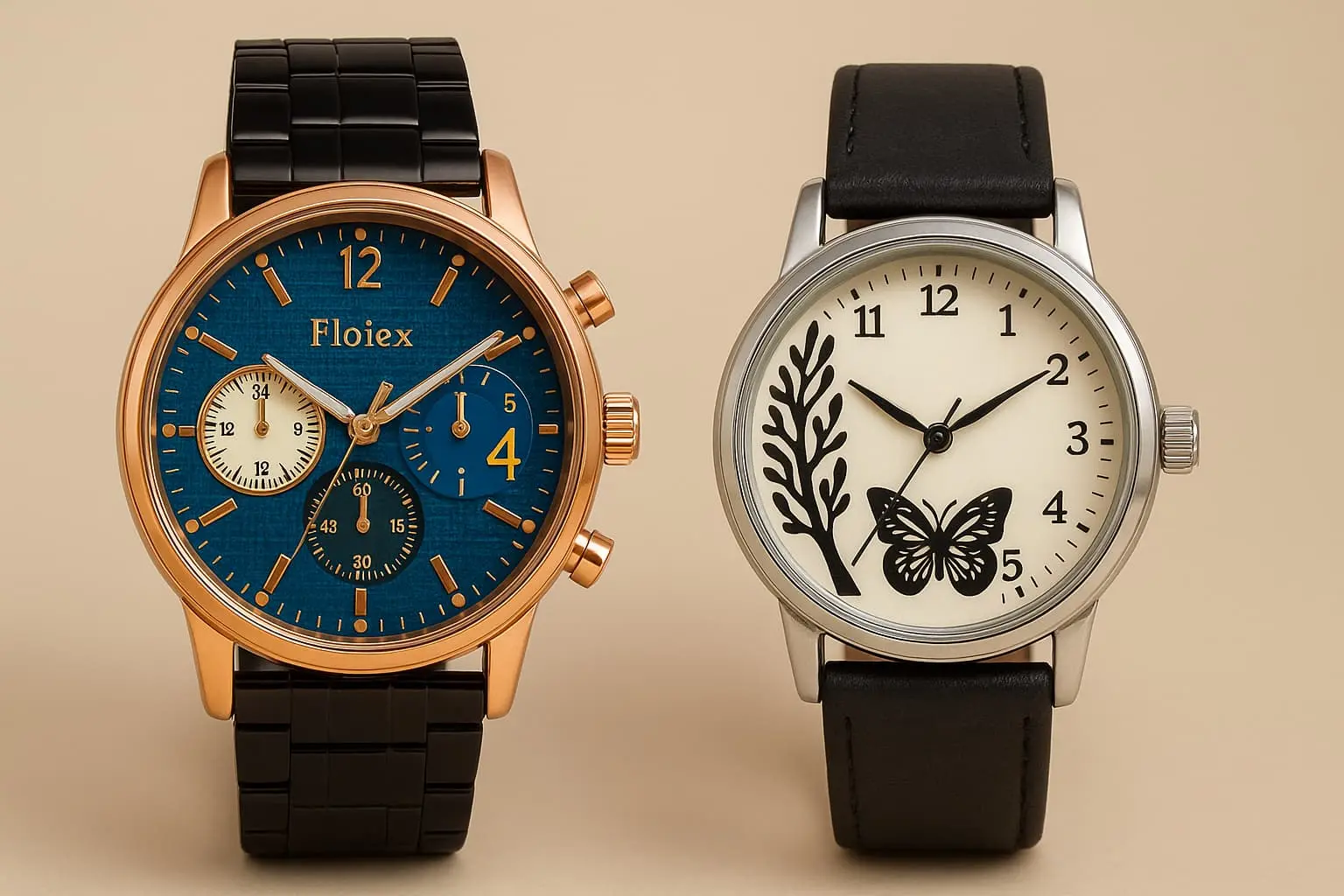 ⌚ Elegant Timepieces for Every Style This image presents two distinct and stylish wristwatches, each catering to a unique aesthetic:  Left – Floiex Chronograph Watch A bold and refined chronograph-style watch featuring a deep blue textured dial, gold markers, and a rose gold-tone case. Accented with three functional subdials and a sleek black metallic strap, this timepiece is perfect for those who appreciate precision with a touch of luxury.  Right – Nature-Inspired Women&#39;s Watch A minimalist yet charming design with a soft cream dial, adorned with a graceful butterfly and plant silhouette. Housed in a silver case and paired with a classic black leather strap, this watch captures feminine elegance with a nature-inspired twist — ideal for casual and daily wear.