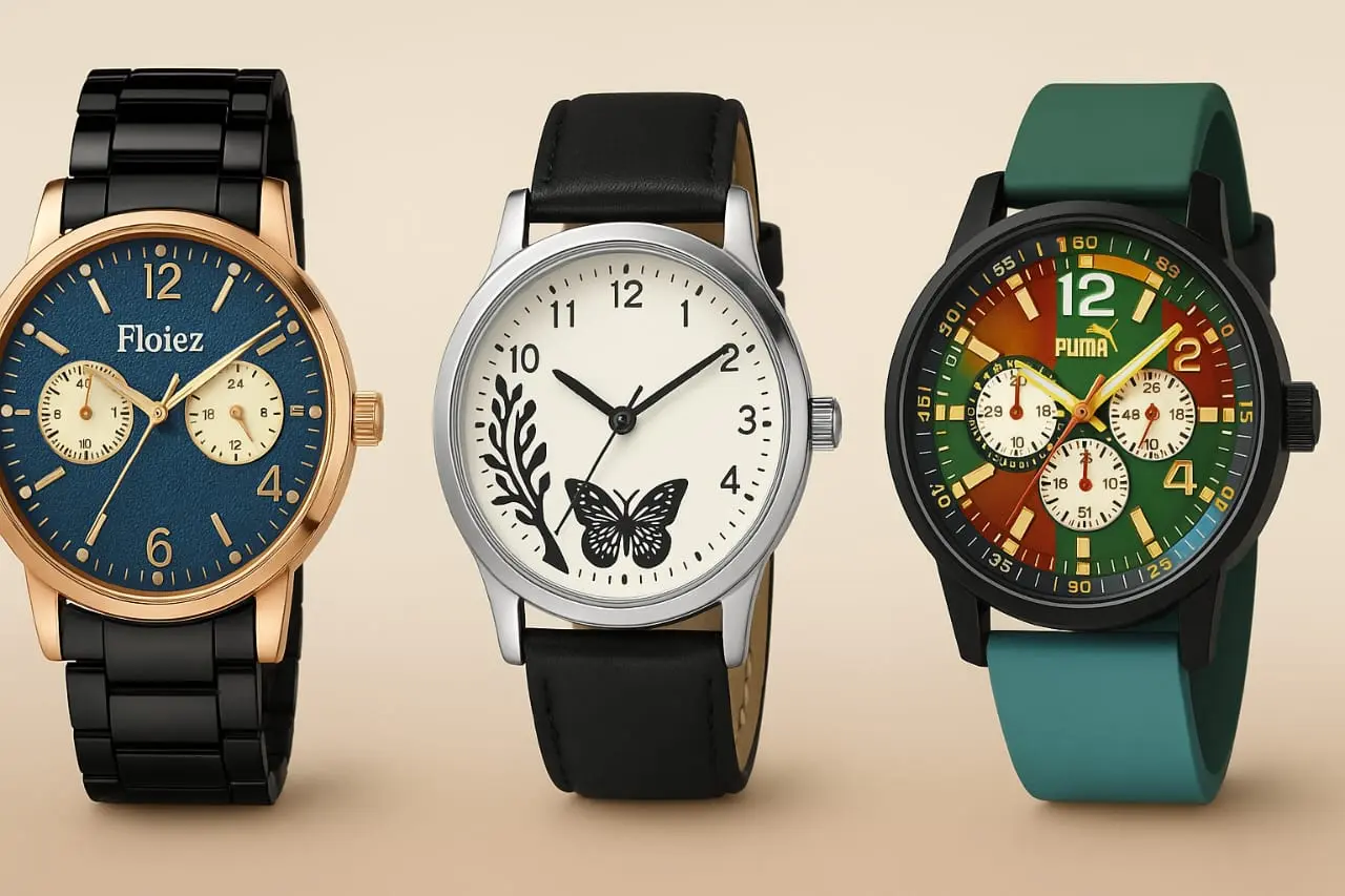 A Stylish Trio of Timepieces This image showcases three distinct wristwatches, each with a unique design that caters to different tastes and personalities:  Left: A bold and elegant men&#39;s watch from Floiez, featuring a rich blue dial, dual subdials, and a gold-tone case paired with a glossy black metal strap — perfect for formal and executive wear.  Center: A minimalist and artistic ladies&#39; watch with a silver case, cream dial, and black leather strap. The dial is adorned with delicate floral graphics and a butterfly motif, offering a feminine, nature-inspired aesthetic ideal for everyday wear.  Right: A sporty and vibrant Puma watch with a multicolored dial (shades of green, red, and yellow), three subdials, and a durable teal rubber strap. Designed for the bold and active lifestyle, this watch merges functionality with street-style flair.